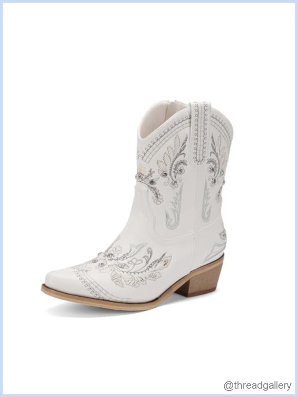 Rhinestone Embroidered Ankle Cowboy Boots Low Chunky Heel Side Zip Pull On